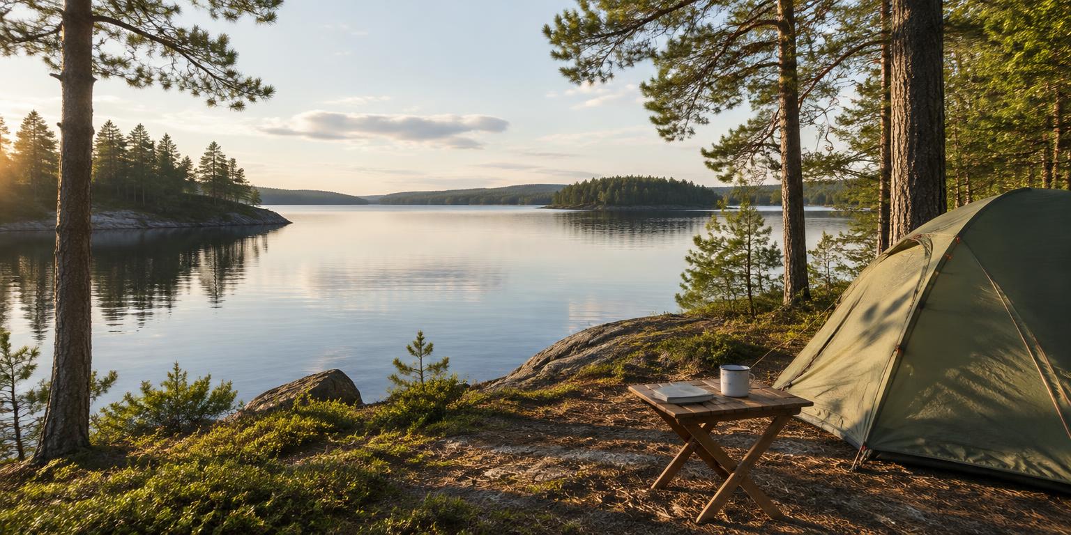 A quiet lakeside campsite among pine trees, with a tent and a mug on a table